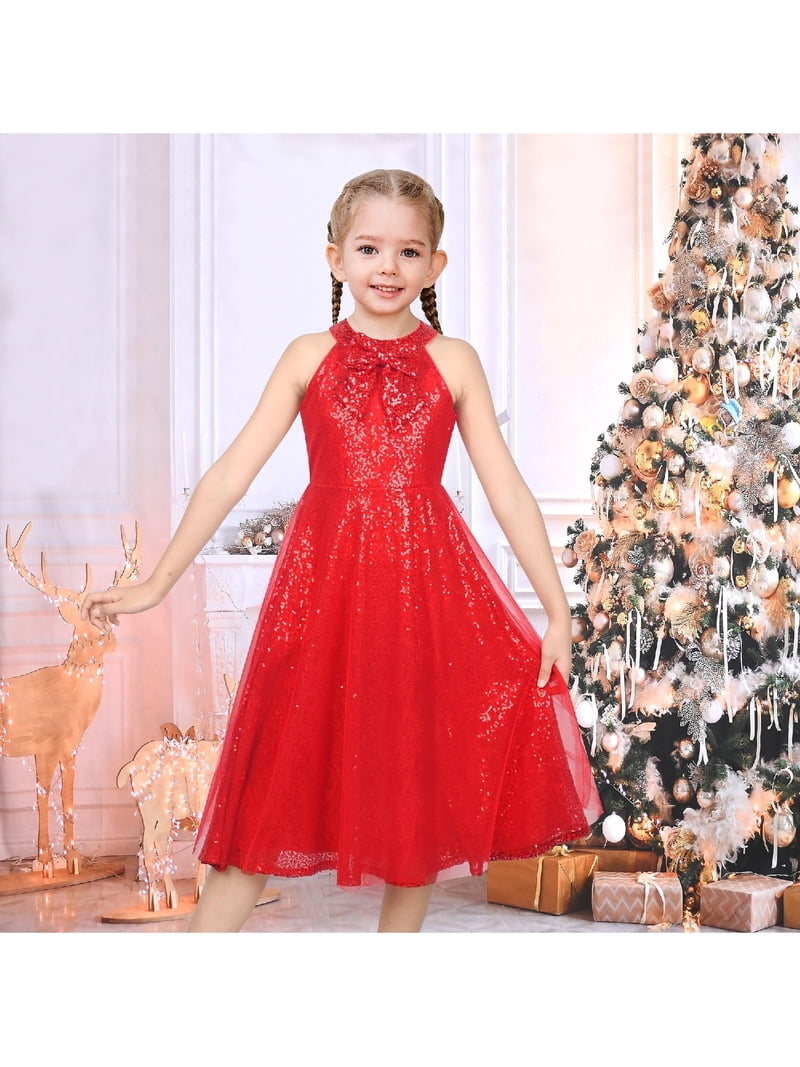 red bow christmas dress Sunny Fashion Girls Scarlet Sequin Halter Neck Wedding Pageant Gown New Year 8 Years house of cb red dress corset Wedtrend Light Pink A-Line lt11-allcreate Please allow slight differences Neck Size:17 1/2