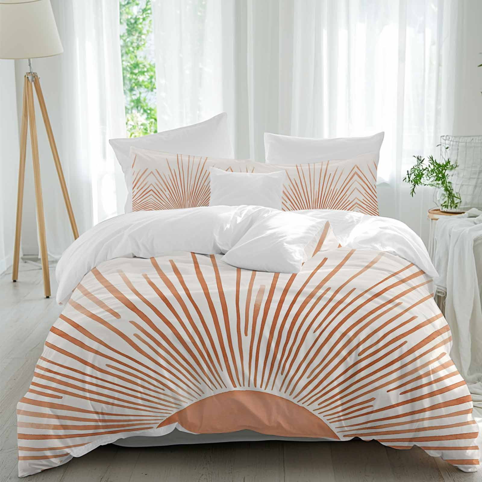 Boho Abstract Sun Bedding 3 Piece Duvet Cover Set Queen Size, Modern Beige Sun Light Lines Soft Microfiber Comforter Cover with Zipper Closure & Pillowcases, Wrinkle & FadeResistant Quilt Cover