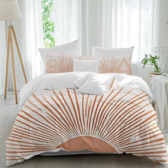 3 Piece Boho Abstract Sun Duvet Cover Set California King,Microfiber Comforter/Quilt Cover with Corner Ties and 2 Pillowcases,Modern Beige Sun Light Lines All Season Soft Bedding with Zipper Closure