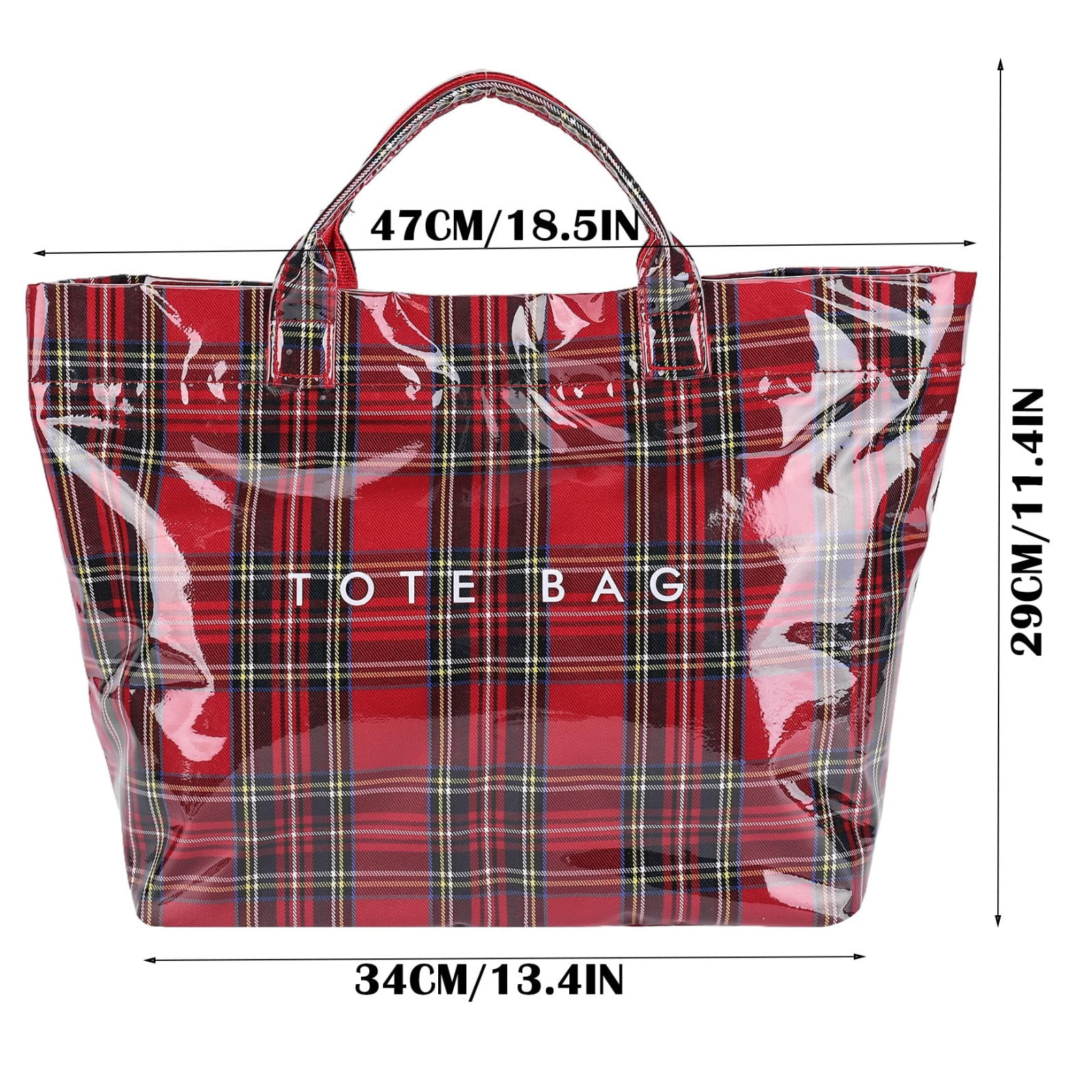 Comefolife Christmas Red Plaid PVC Tote Bag for Women Vintage Christmas Buffalo Check Tote Bag Plastic Handbag