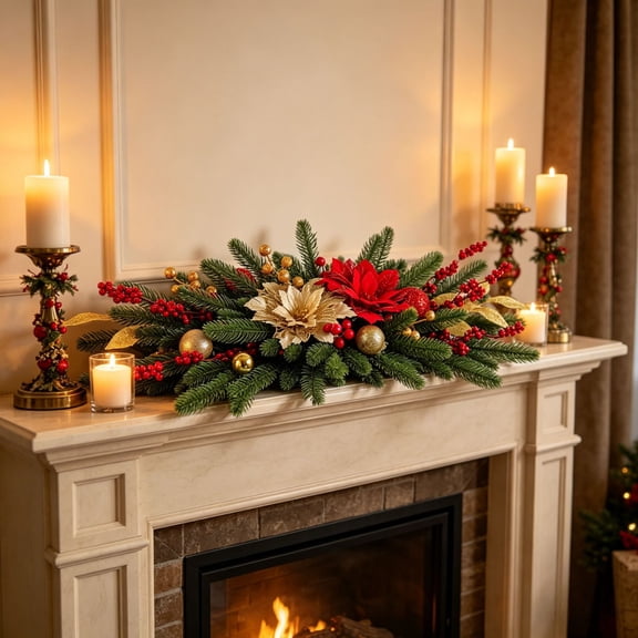 SHENGXINY Christmas Wreath, Artificial Pine Red Berry Poinsettia Wreath for Tabletop Mantel Winter Christmas Decor