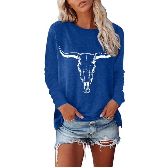 Womens Tops Long Sleeve Cow Skull Bull Horn Print Crewneck Rustic T-Shirts Casual Fall Fashion Blouses Winter Outfits Clothes