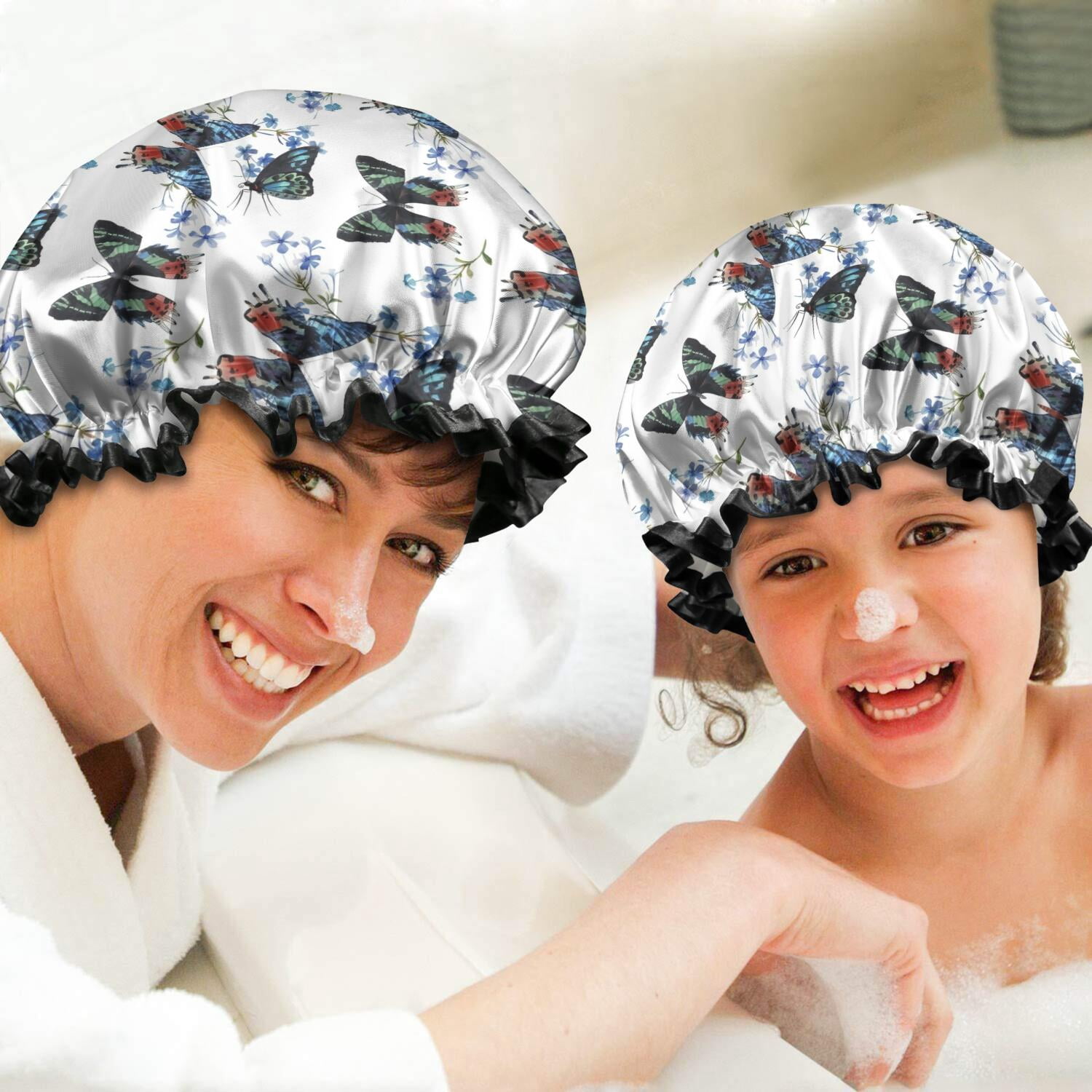 Shower Caps,White Butterfly Blue Flower Pattern Waterproof Shower Cap for Women 4 Pieces,Double Reusable Hair Cover for Shower PEVA Elastic Stretch Hem