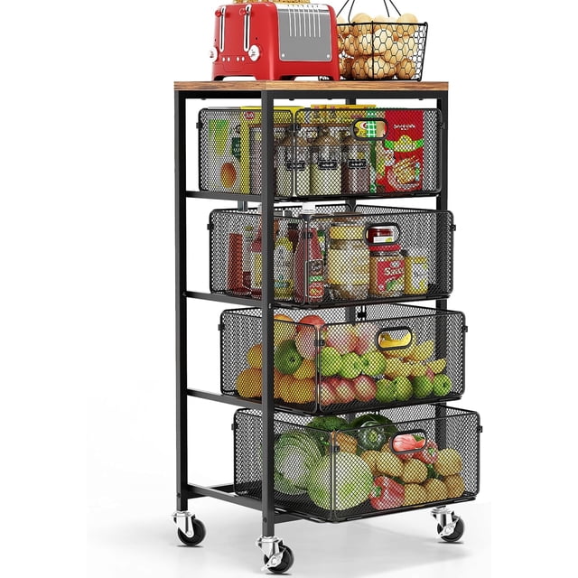 Kitchen Cart with Drawers, 4 Tier Metal Rolling Utility Cart Organizer on Lockable Wheels with Wooden Top, Black Fruit Vegetable Storage Rack Also for Cans, Snack, Craft, Art, Office, Beauty