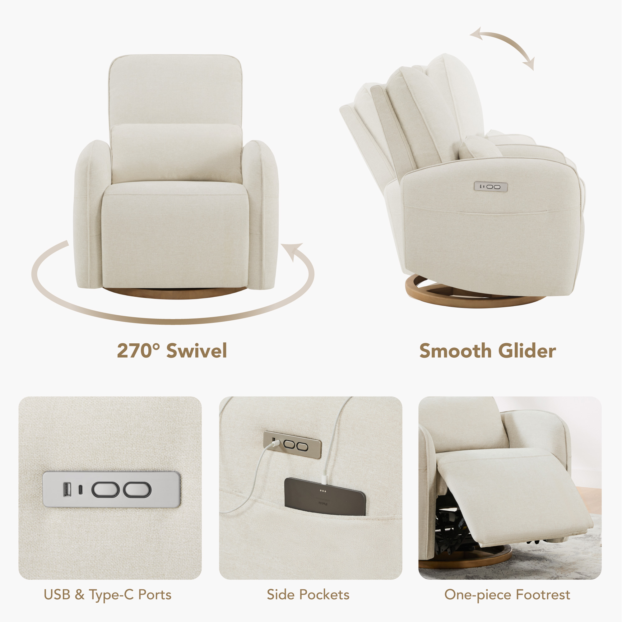 Spruce & Spring Power Swivel Nursery Glider with Lumbar Pillow and Charging Port for Living Room, Linen