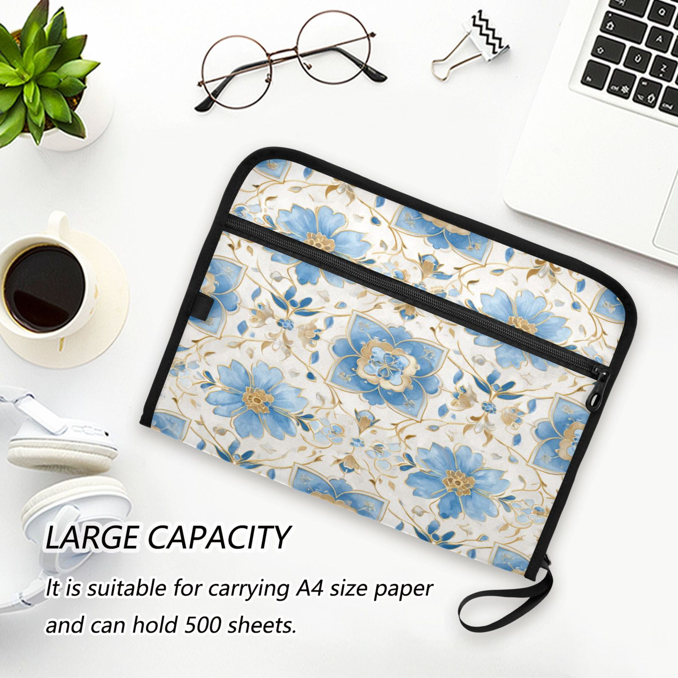 Accordion File Organizer with Zip Closure 13 Pockets Expanding File Folder Letter A4 Paper Document Organizer for Home Office Elegant and Timeless Blue Flower