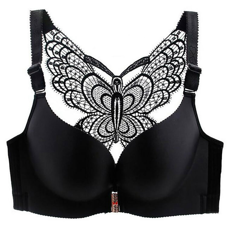 Mlqidk Women'S Solid Bra Wire Free Underwear Front Closure Butterfly  Backless Bra,Black 34/75B 