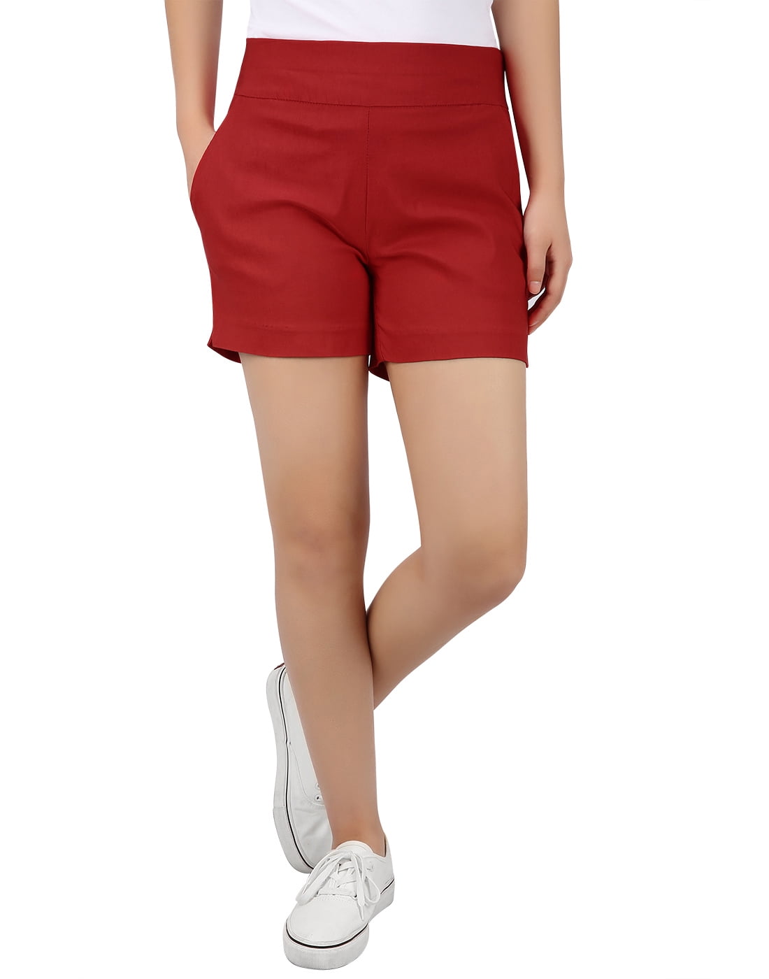 hde-women-chino-shorts-4-inseam-elastic-waist-summer-shorts-red-l