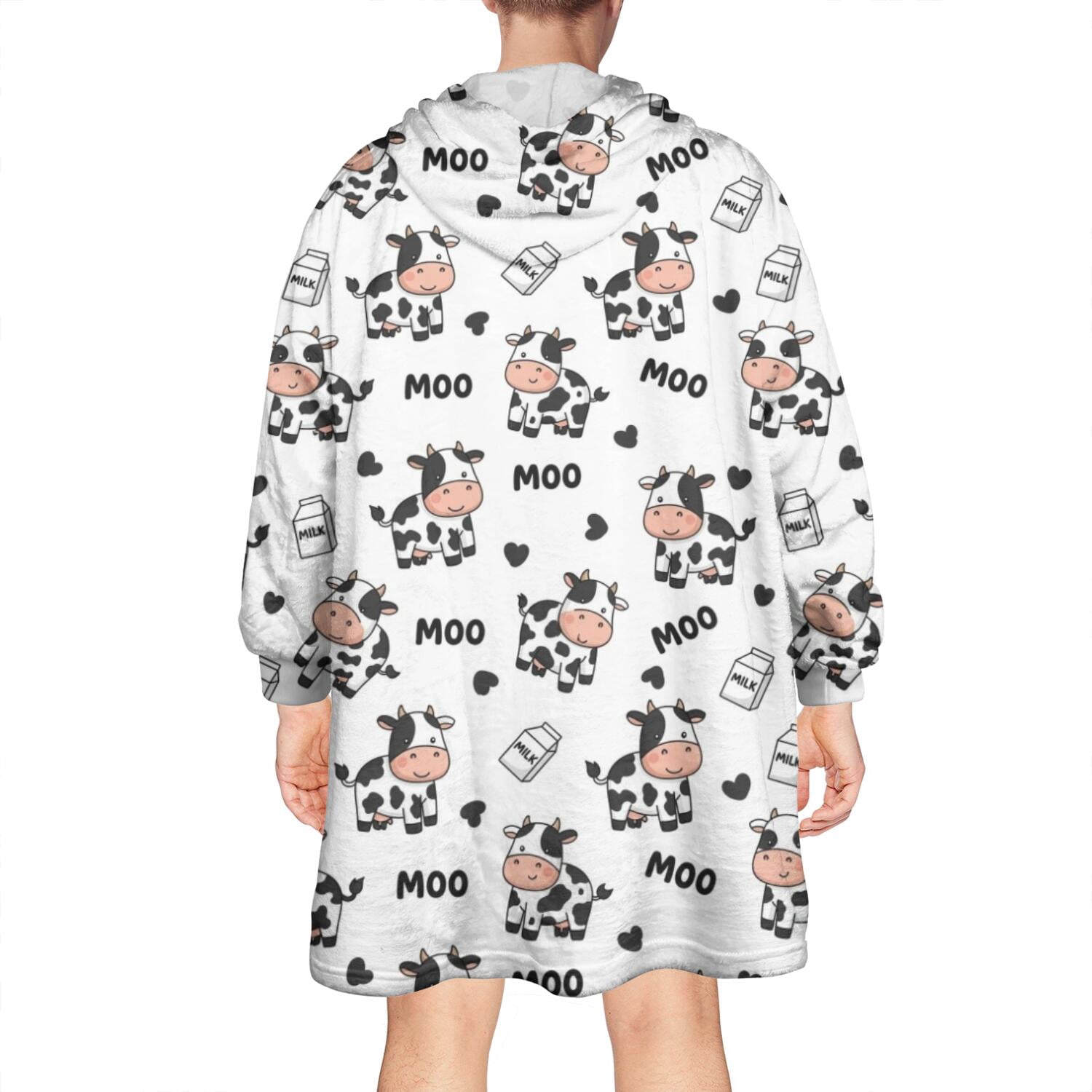 Wearable Oversized Blanket,White Cow Moo Pattern Wearable Blanket Hoodie for Adults,Cozy Hooded Blankets with Super Pockets,Super Warm Fuzzy Pullover for Women & Men