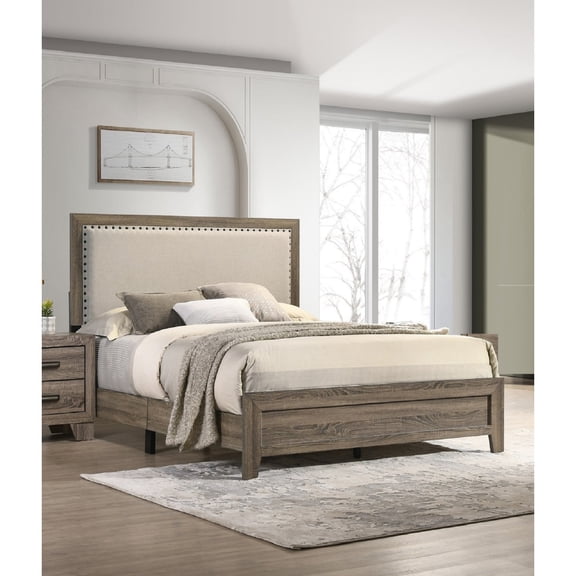 Miekor Furniture Grey Finish Fabric Upholstered Headboard Tufted Nailhead Trim 1pc King Size Panel Bed Beautiful Wooden Bedroom Furniture B5A3899