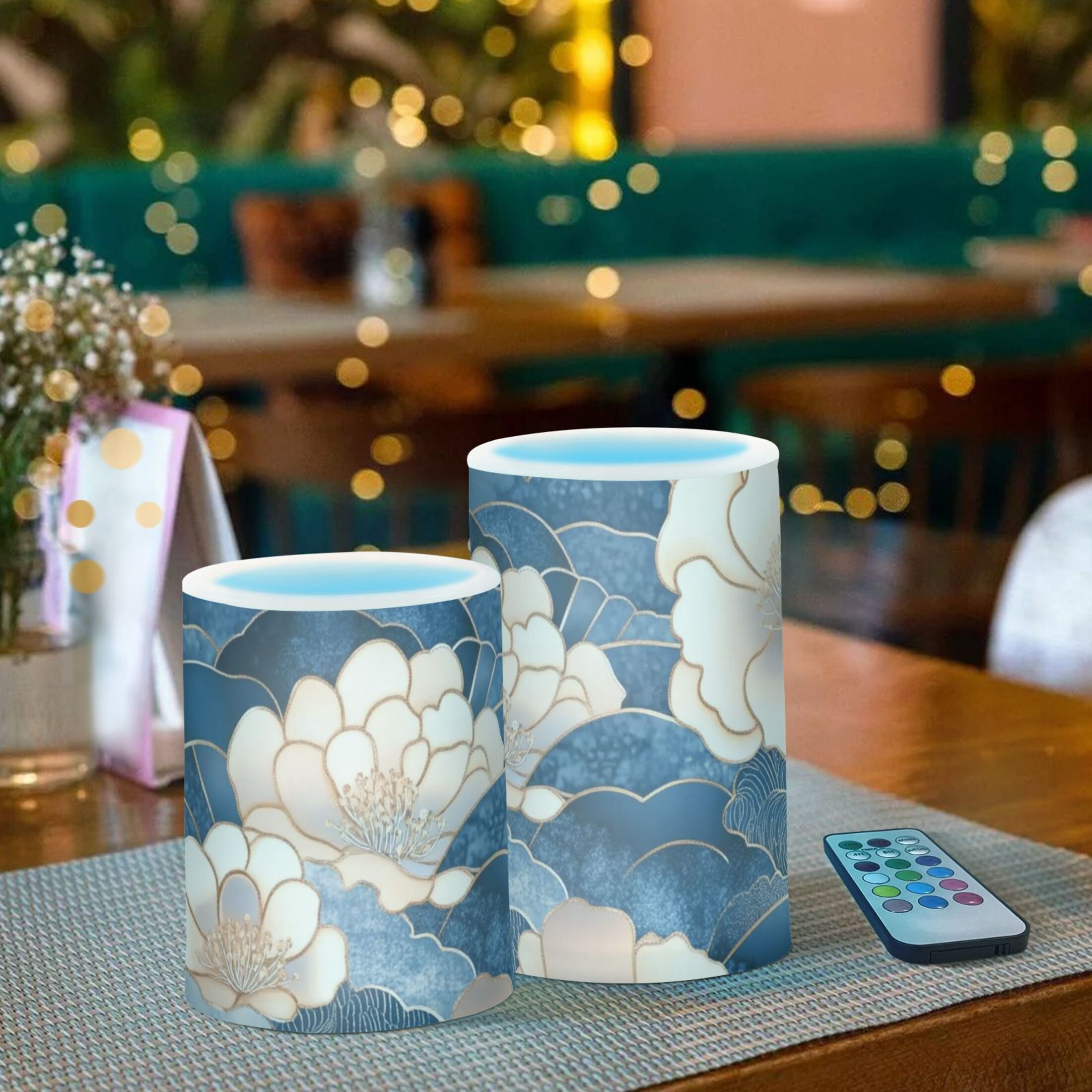 Blue Clouds and Flowers Flickering Flameless Candles Battery Operated with Remote Timer LED Pillar Candles Set of 2
