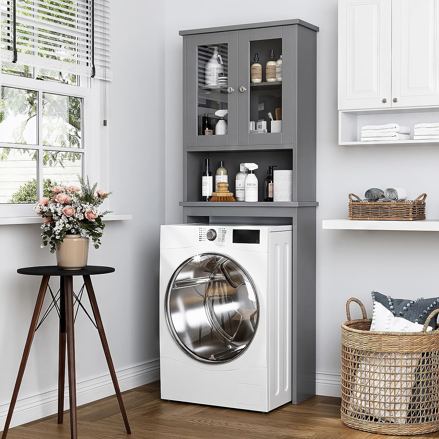 Sobaniilo Over The Toilet Storage Cabinet for Bathroom, Storage Organizer Over Toilet, Space Saver with Tempered Glass Doors, Gray