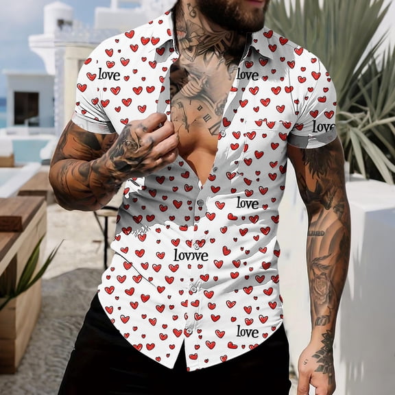 Yteetum Valentine's Day Gifts Men's Lapel Short Sleeve Button Down Shirts Oversized Valentines Print T Shirts Top Mens Casual Turndown Collar Loose Comfy Summer Button Blouse Hawaiian Beach Shirt