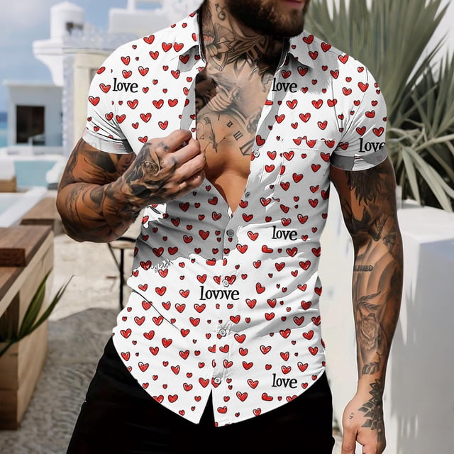 RKSTN Valentine's Day Gifts Men's Lapel Short Sleeve Button Down Shirts Oversized Valentines Print T Shirts Tops Mens Casual Turndown Collar Loose Comfy Summer Button Blouse Hawaiian Beach Shirts