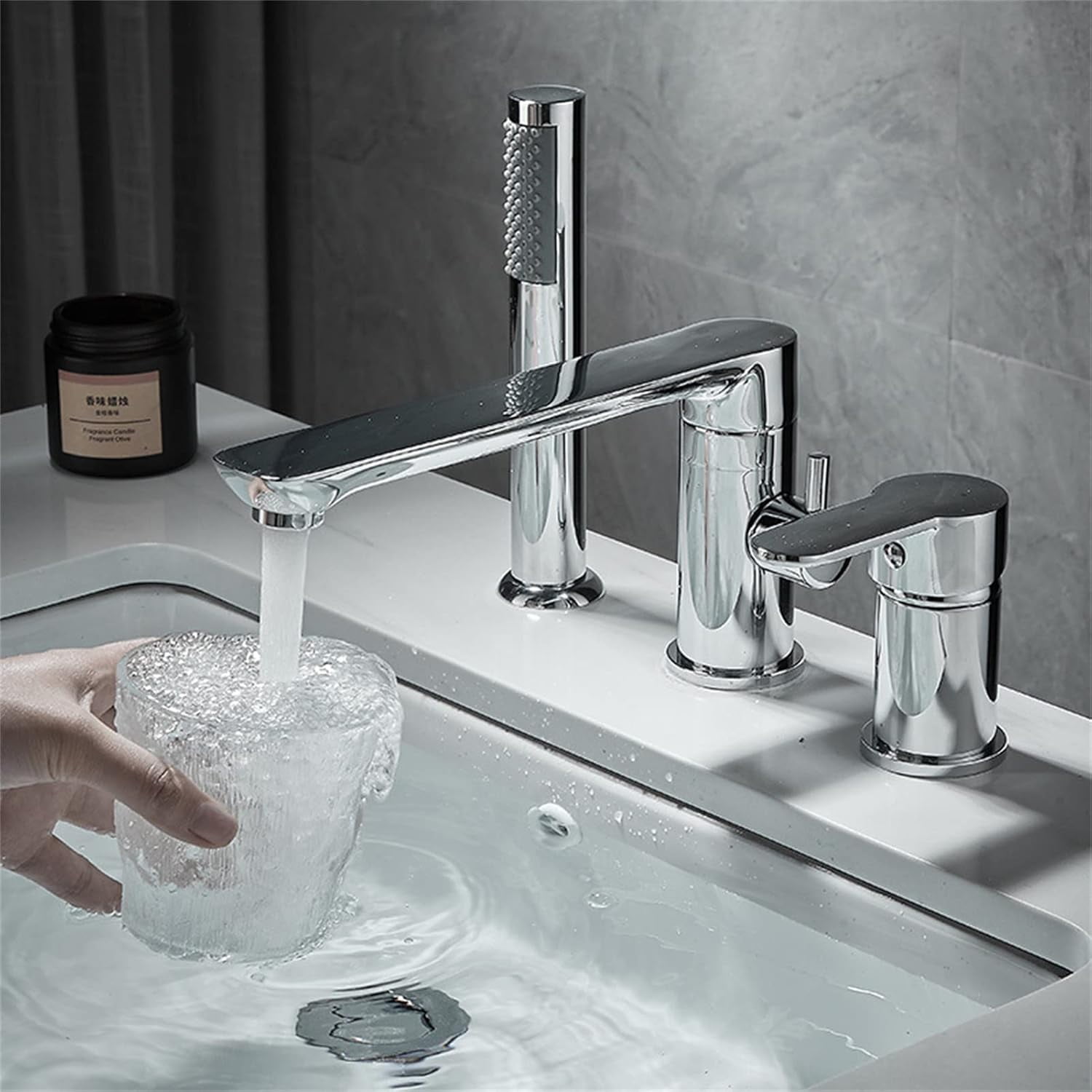 Waterfall Bathtub Faucet Roman Tub Filler, Contemporary Bathroom Widespread Long Spout Faucet with Handheld Shower, Single Handle 3 Hole Deck Mount