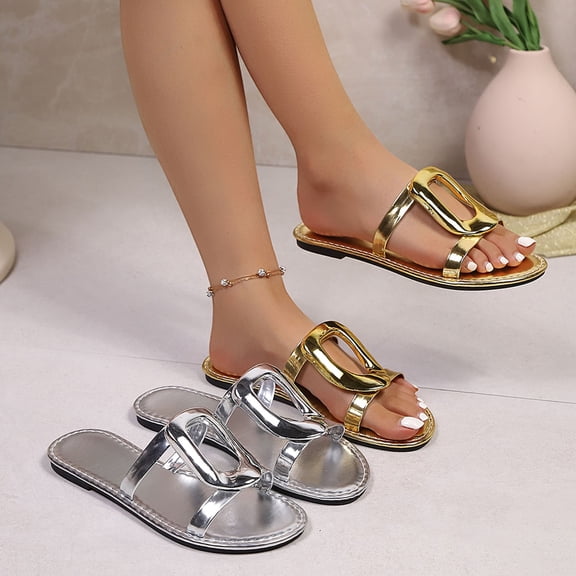 Miluxas Women’s Metal Flat Sandals Open Toe Slip on Slides Leather Beach Comfort Ladies Slipper Dressy Casual Summer Shoes Silver 9.5(43)