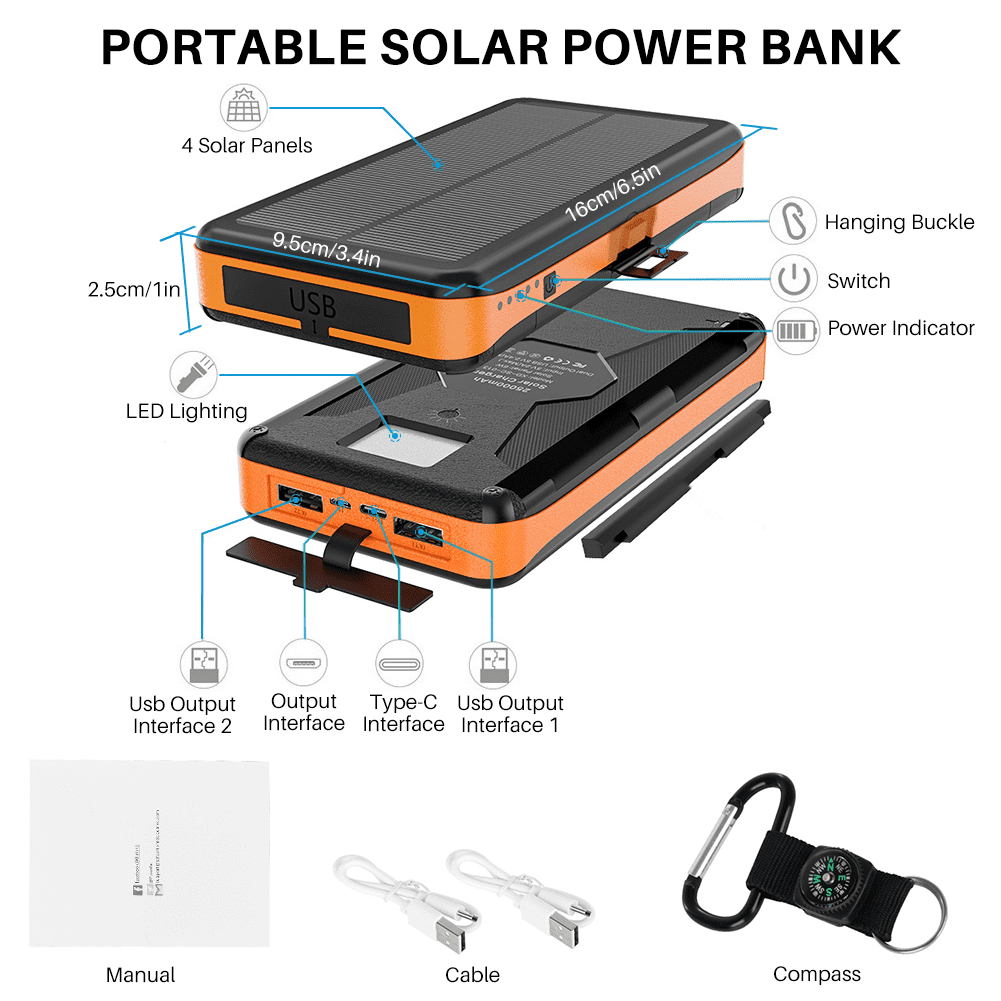 OWNTECH Portable Solar Charger for iphone android, 30000mah Power Bank with 4 Solar Panel and Compass