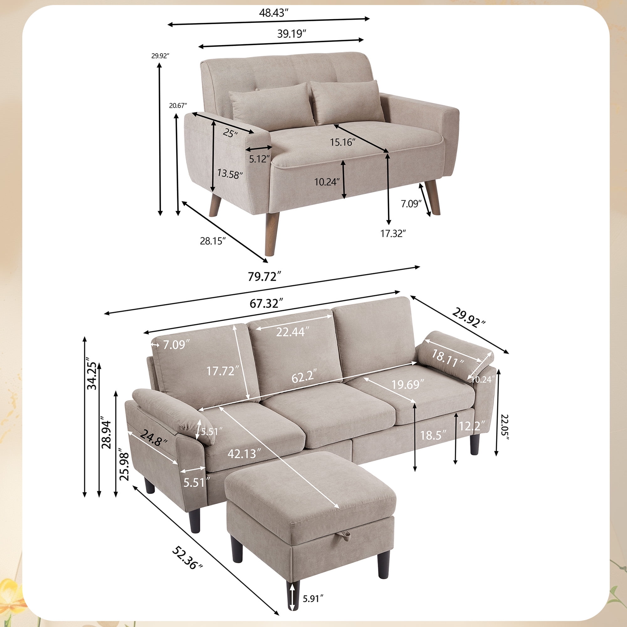 79" Convertible Sectional Sofa Set, Small L Shaped 3-Seat Couch with Reversible Chaise and Accent Chair, Modern Linen Sofas Couches for Living Room, Beige