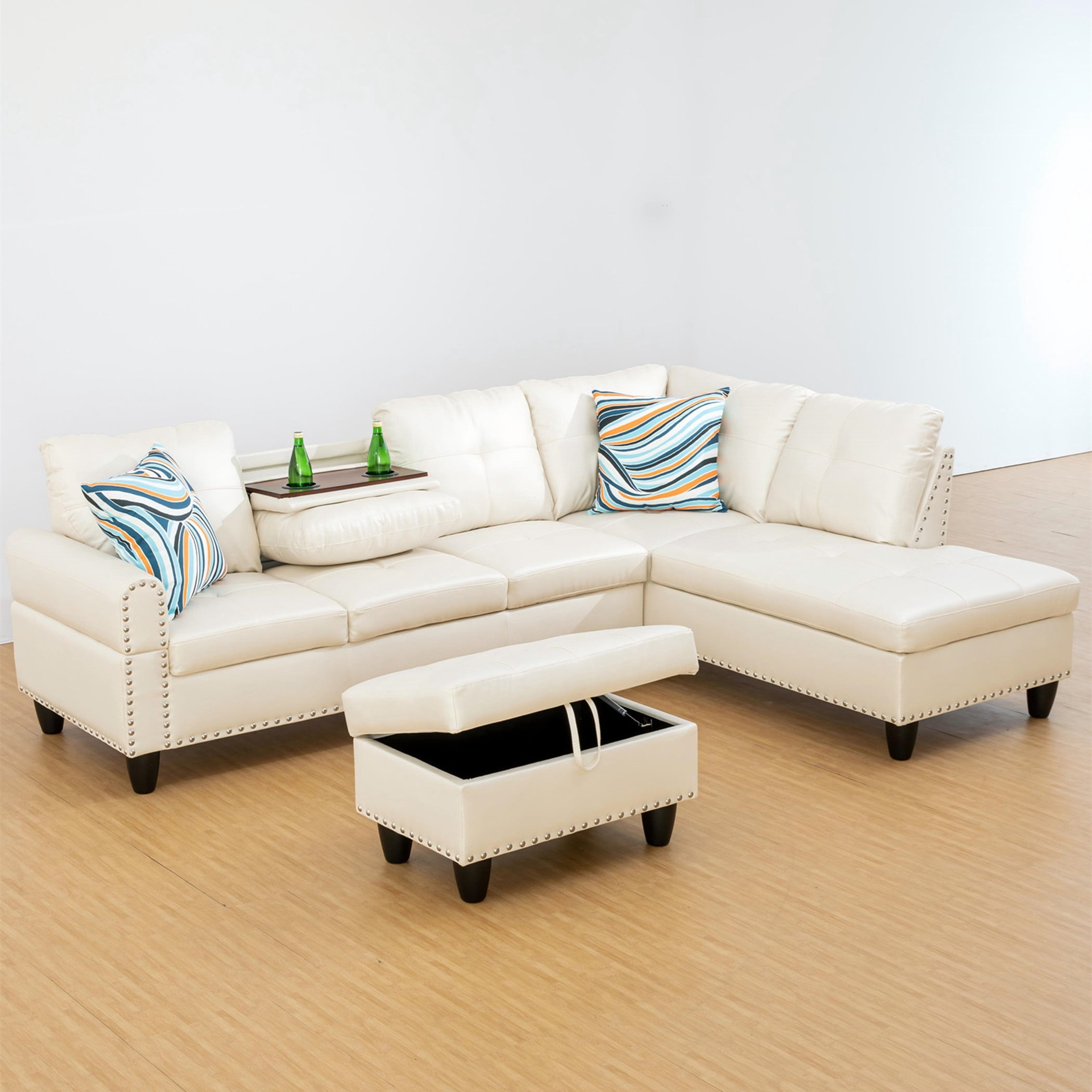 Aukfa 98" L Shaped Sectional Couch with Cup Holder Console, Tufted Back&Nailhead Trim, Oversized Right Chaise Leather Sofa for Living Room, White