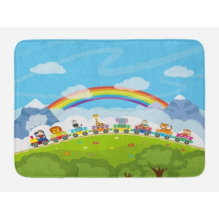 Train Mountain Railroad - Nursery Bath Mat, Cartoon Railway Train with Various Animals and a Rainbow Mountains Clouds Trees, Non-Slip Plush Mat Bathroom Kitchen Laundry Room Decor, 29.5 X 17.5 Inches, Multicolor, Ambesonne