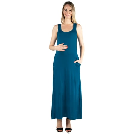 

24seven Comfort Apparel Sleeveless Tank Maternity Maxi Dress with Pockets