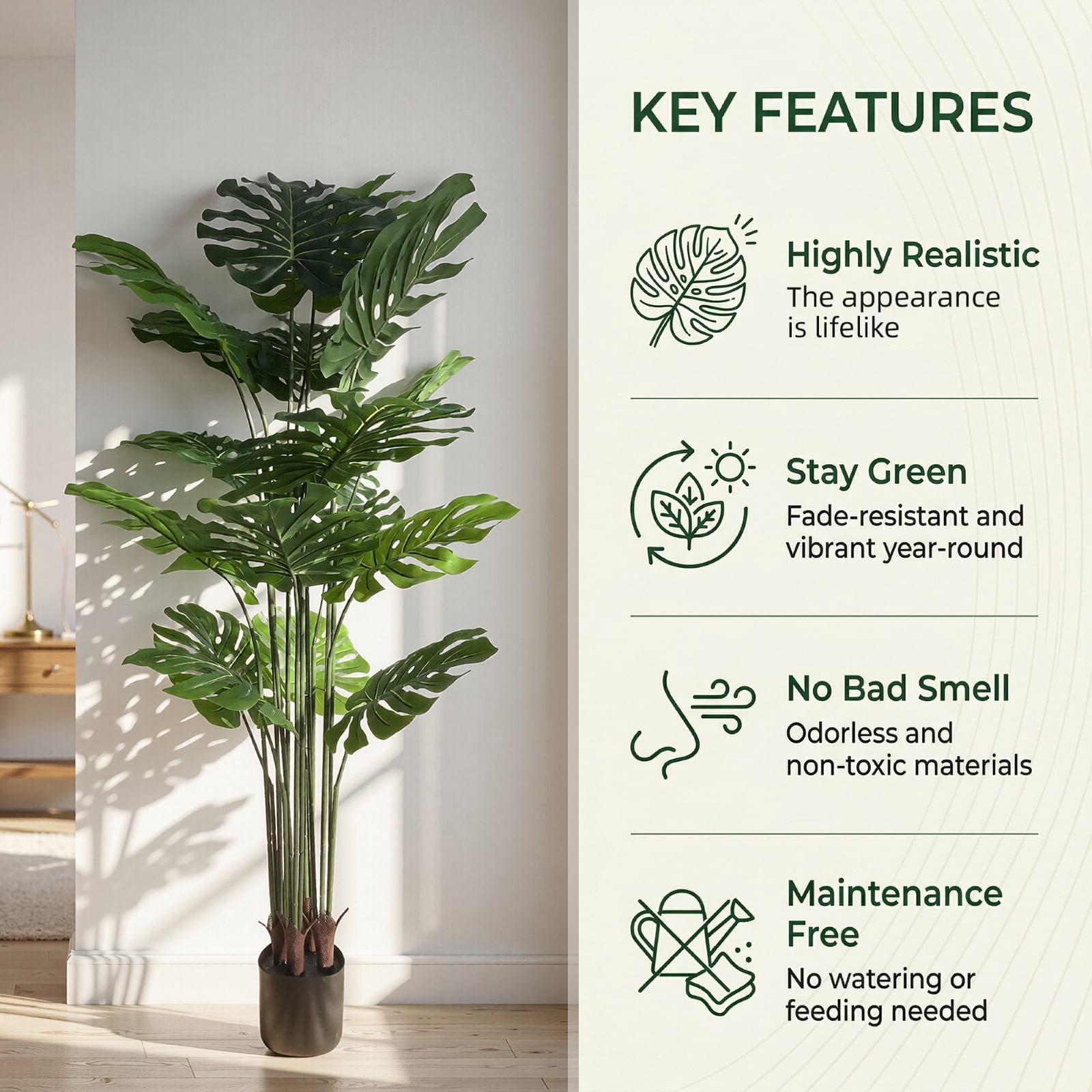 BEAUTYPEAK 6FT Artificial Plant Fake Indoor Monstera Plant Decorative Outdoor Greenery in Black Pot