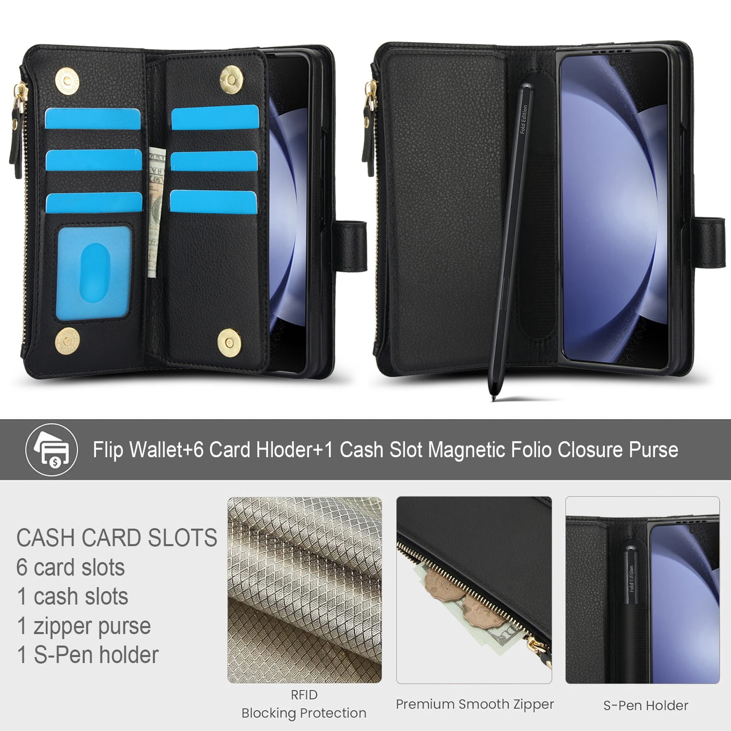 Allytechgroup for Samsung Galaxy Z Fold 7 Case Wallet, 7 Cards Slots Cash Zipper Pocket S Pen Holder Hand Strap Wrist Flip Cover Protective Phone Case for Samsung Galaxy Z Fold 7,Black