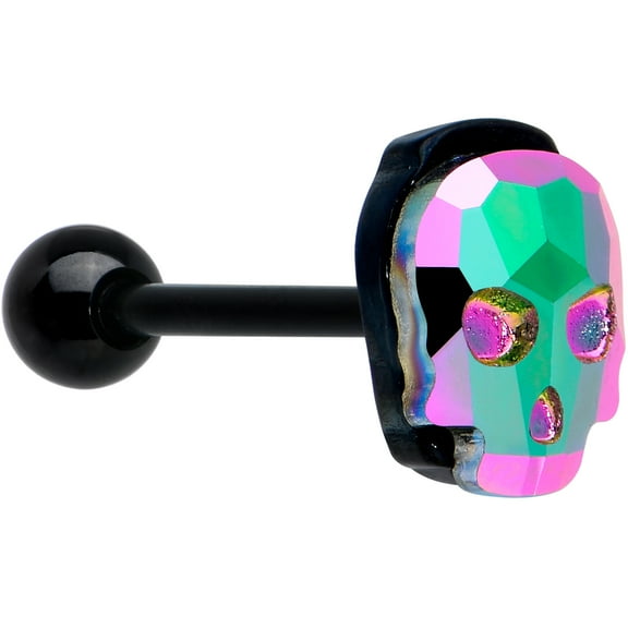 Body Candy 14G Women Black PVD Steel Aurora Accent Sugar Skull Barbell Tongue Ring Body Piercing Jewelry 5/8