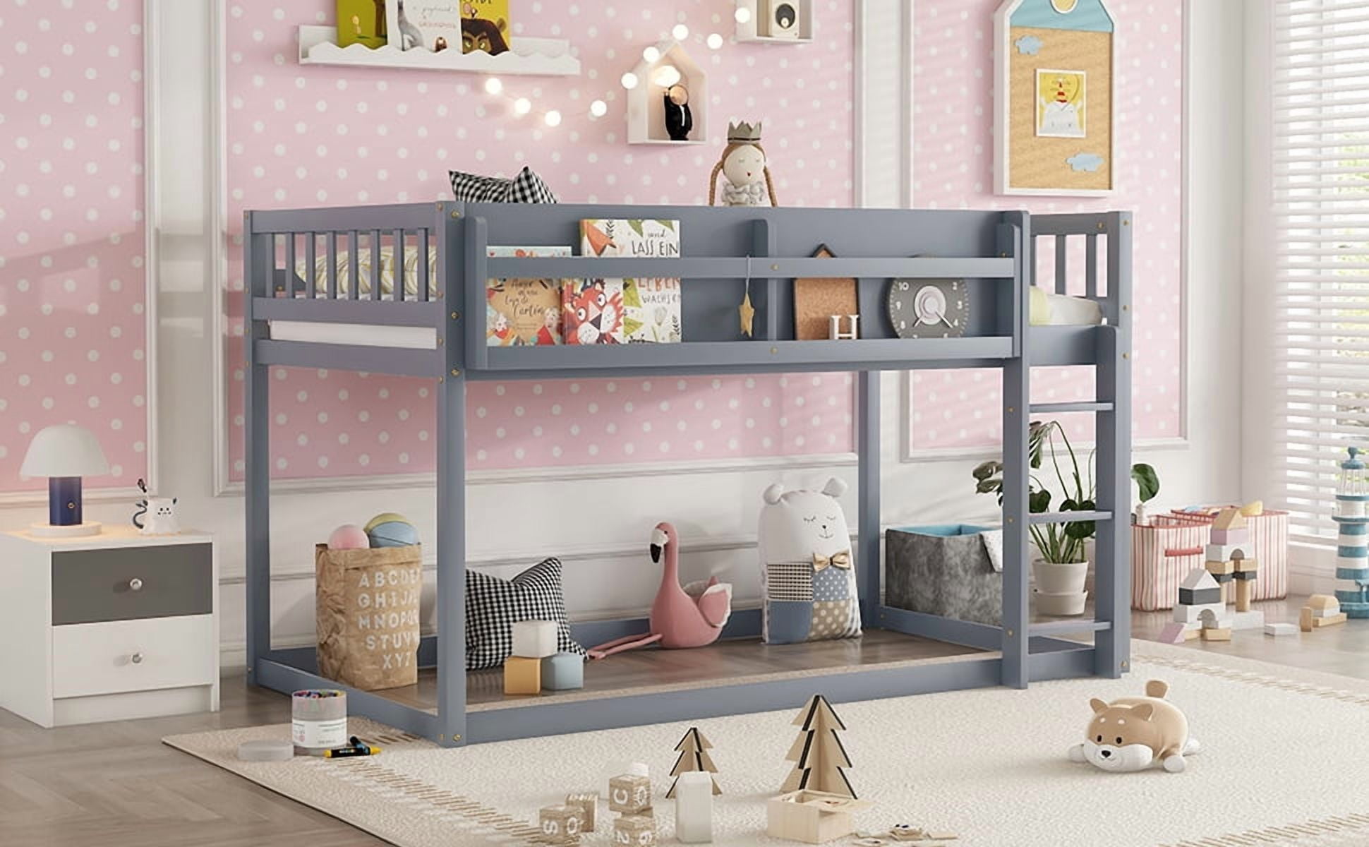 HOQBN Bunk Bed Twin Over Twin,Solid Wood Low Floor Bunk Bed with Ladder,Gray