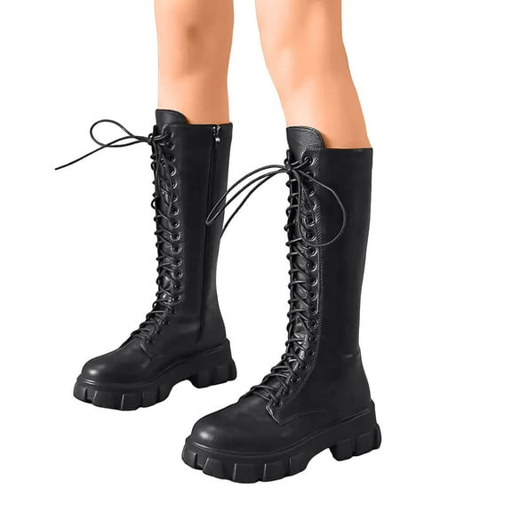 Rokment Vintage Platform Mid Calf Combat Boots for Women Mid Century Retro Leather Lace up Chunky Heeled Long Tall Dress Boots Black Size 6