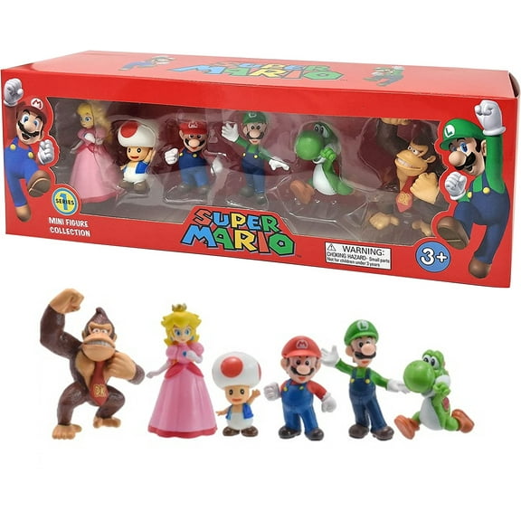 Mario Collectible Mini Figure Display & Cake Topper Set – 6-Piece PVC Character Collection Featuring Mario, Luigi, Peach, Yoshi, Toad & Donkey Kong (1.5"–2.7")
