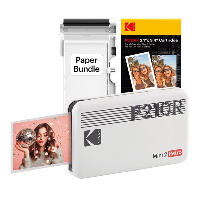 KODAK Mini 2 Retro 4PASS Portable Photo Printer, 2.1x3.4 inches, Instant Picture Printer for iPhone and Android, Photo Printer Gift, 38 Sheets Bundle, White