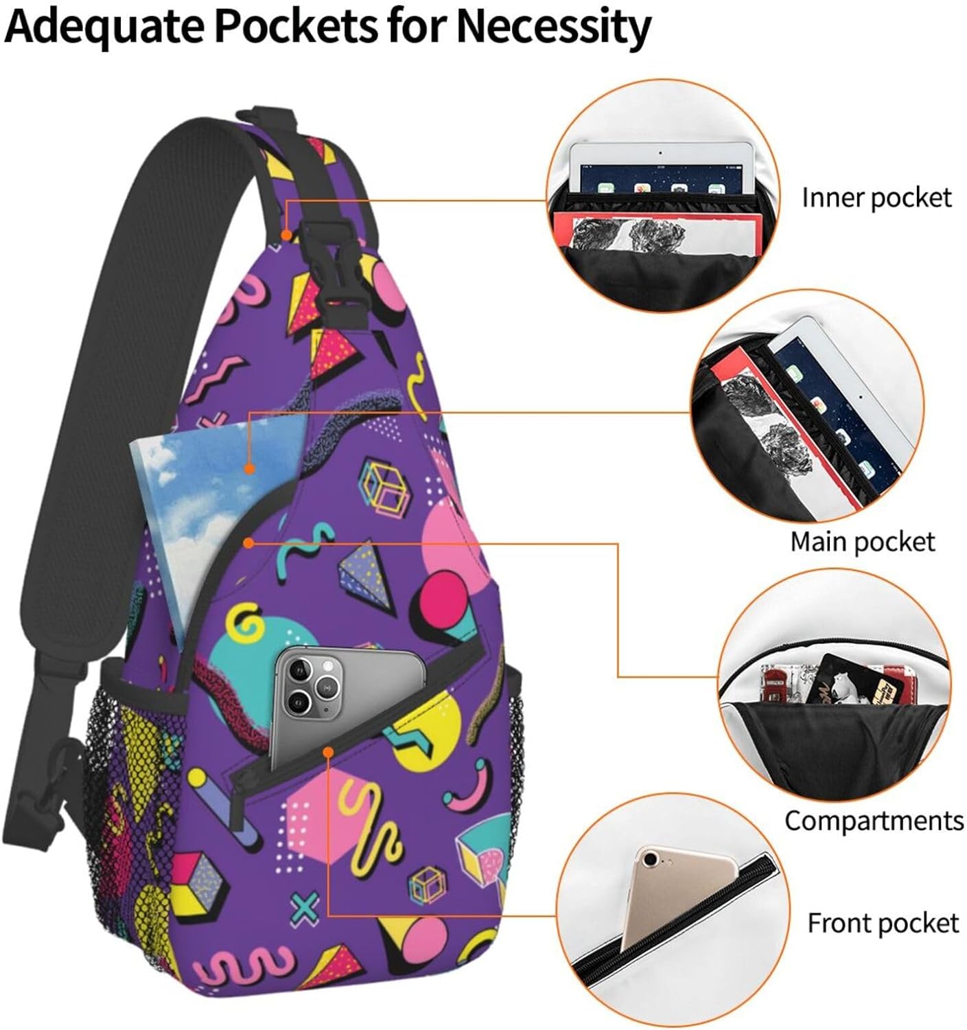 Purple 80s 90s Style Pattern Sling Bag Crossbody Hiking Travel Chest Bags Backpack Shoulder Daypack for Women Men