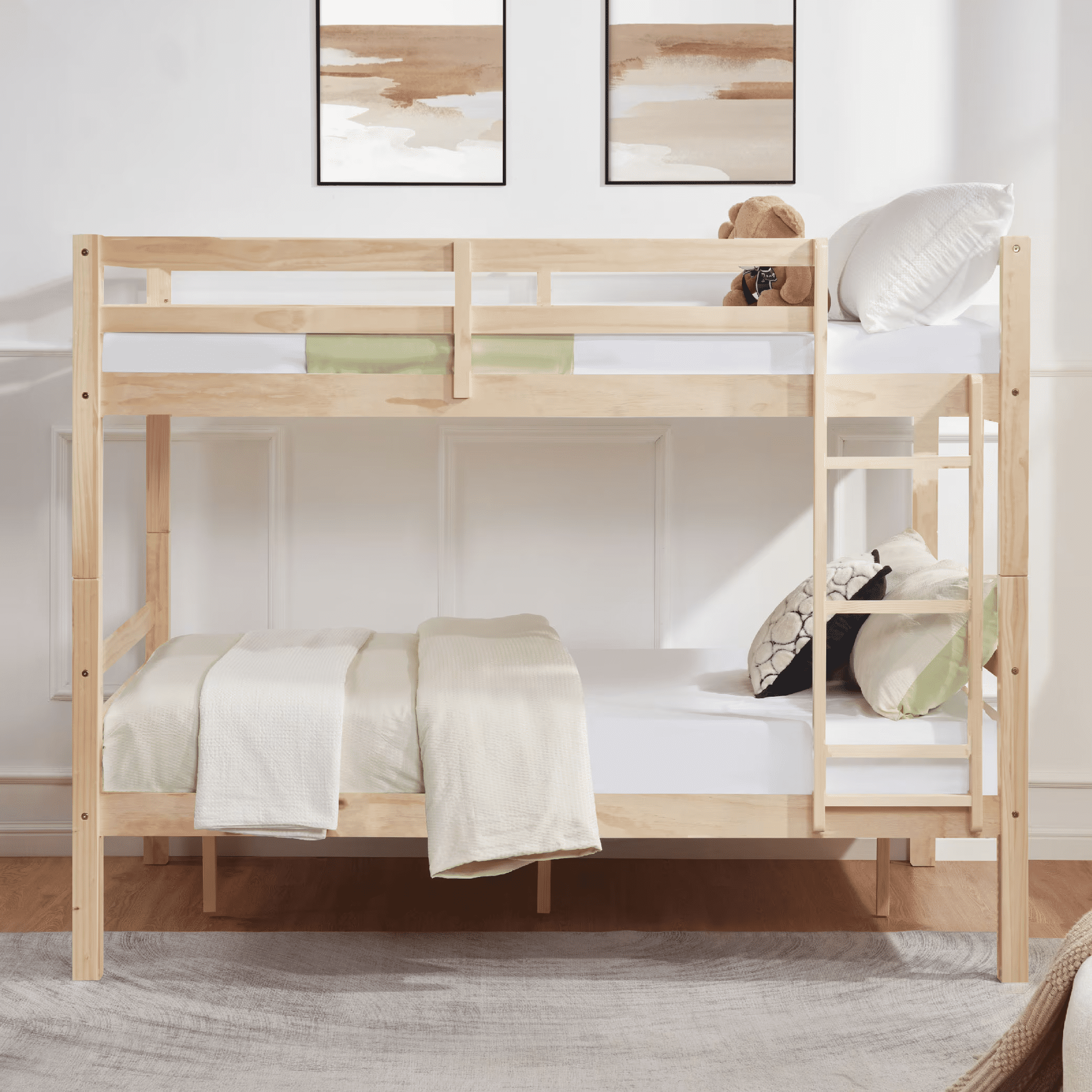 MAYEERTY Full over Full Bunk Bed with Thick Posts, Wooden Bed Frame with High Guardrail and Ladder for Teens, No Box Spring Needed, Natural