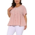 thumbnail image 4 of Agnes Orinda Women's Plus Size Gingham Tops Plaid Peplum Button Decor V Neck Short Sleeve Casual Babydoll Blouse 1X Pink, 4 of 6