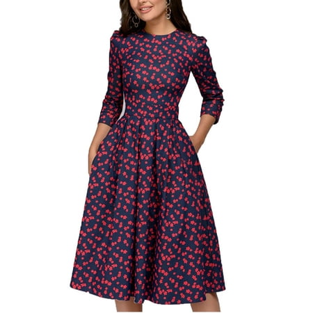Summer Womens Dresses With Sleeves - Simple Flavor Floral Vintage Dress Elegant Midi Evening Dress Embroidered Evening Wedding Dancing Party Swing Dress with 3/4
