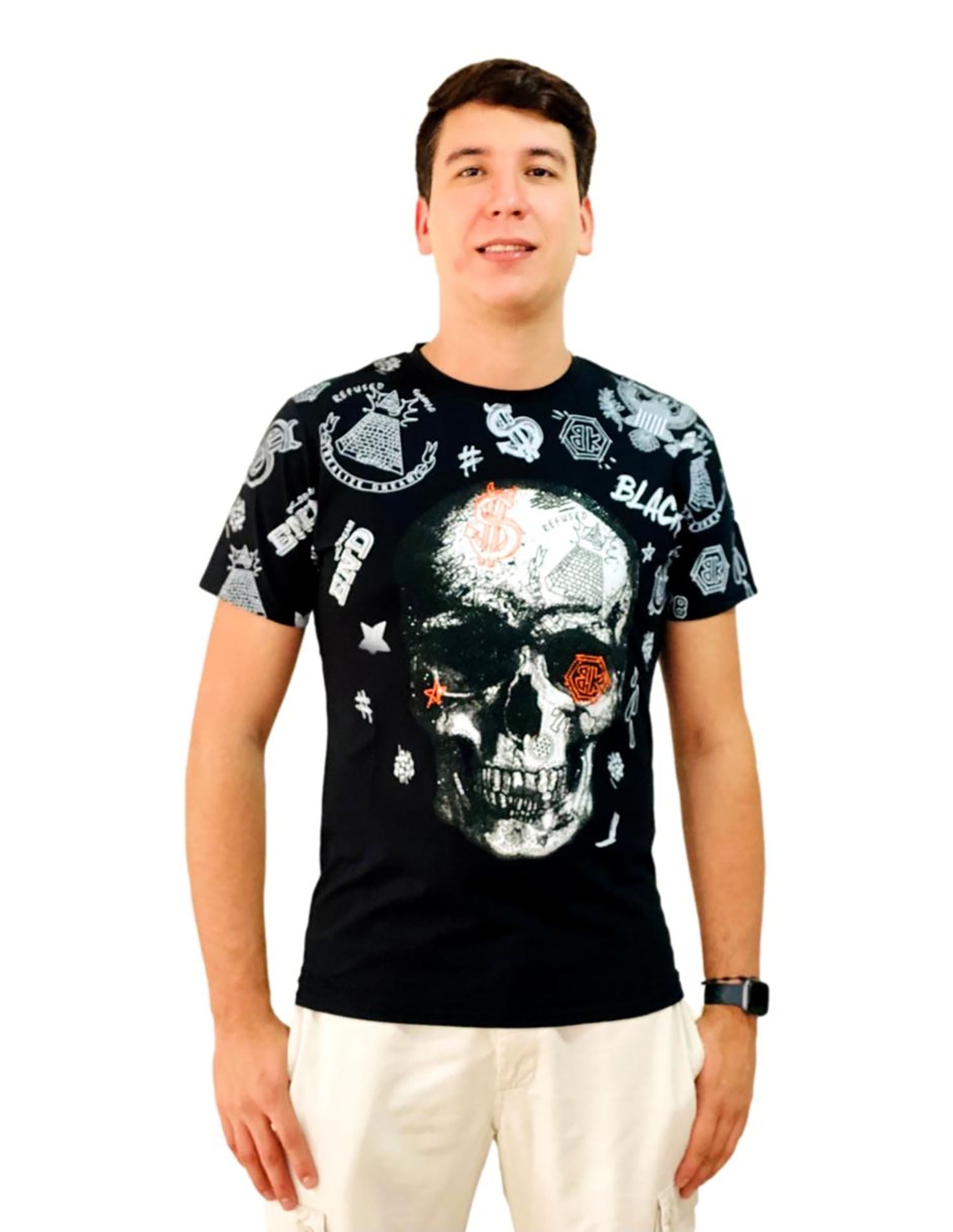 Playera Moda&Pritex Estampado de calavera con piedras, corte - Main Image
