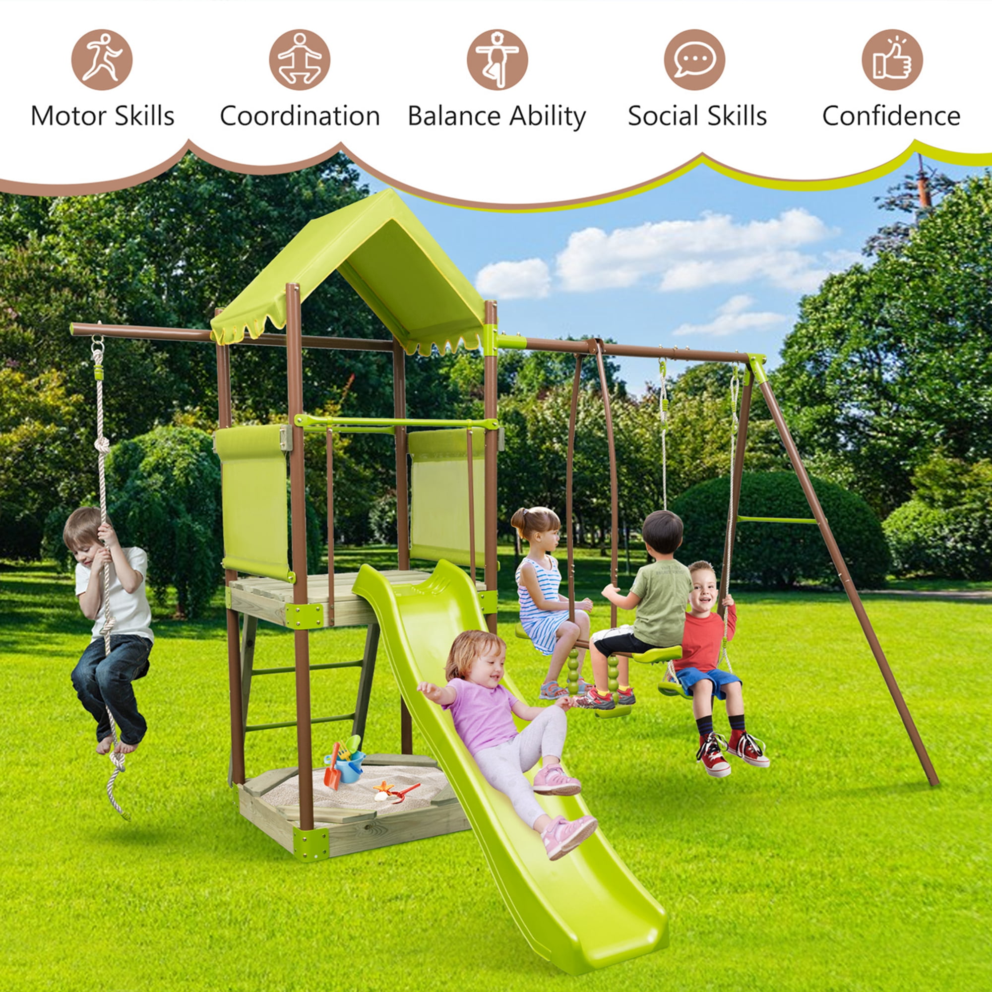 Costway Height Adjustable Metal Swing Set, 126 in x 102 in x