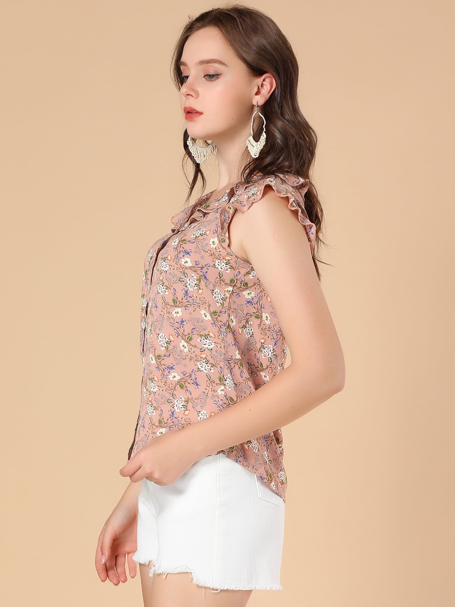 DARING DIVA Women's Ruffle Sleeveless Button Up Floral Shirt L Dark Pink