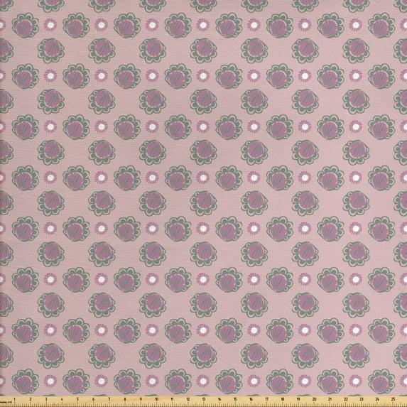 Muted Colors Fabric by the Yard Upholstery, Doodle Style Flowers in Rose Tones Done by Hand, Decorative Fabric for DIY and Home Accents, Rose Laurel Green by Ambesonne