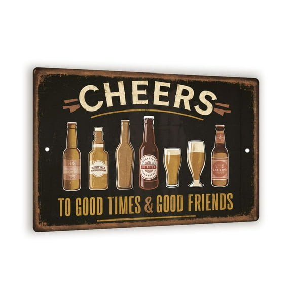 Vintage-Style "Cheers" Beer Sign - Rustic Metal Wall Decor with Beer Bottles and Glasses Illustration - Perfect for Bars and Home Celebrations