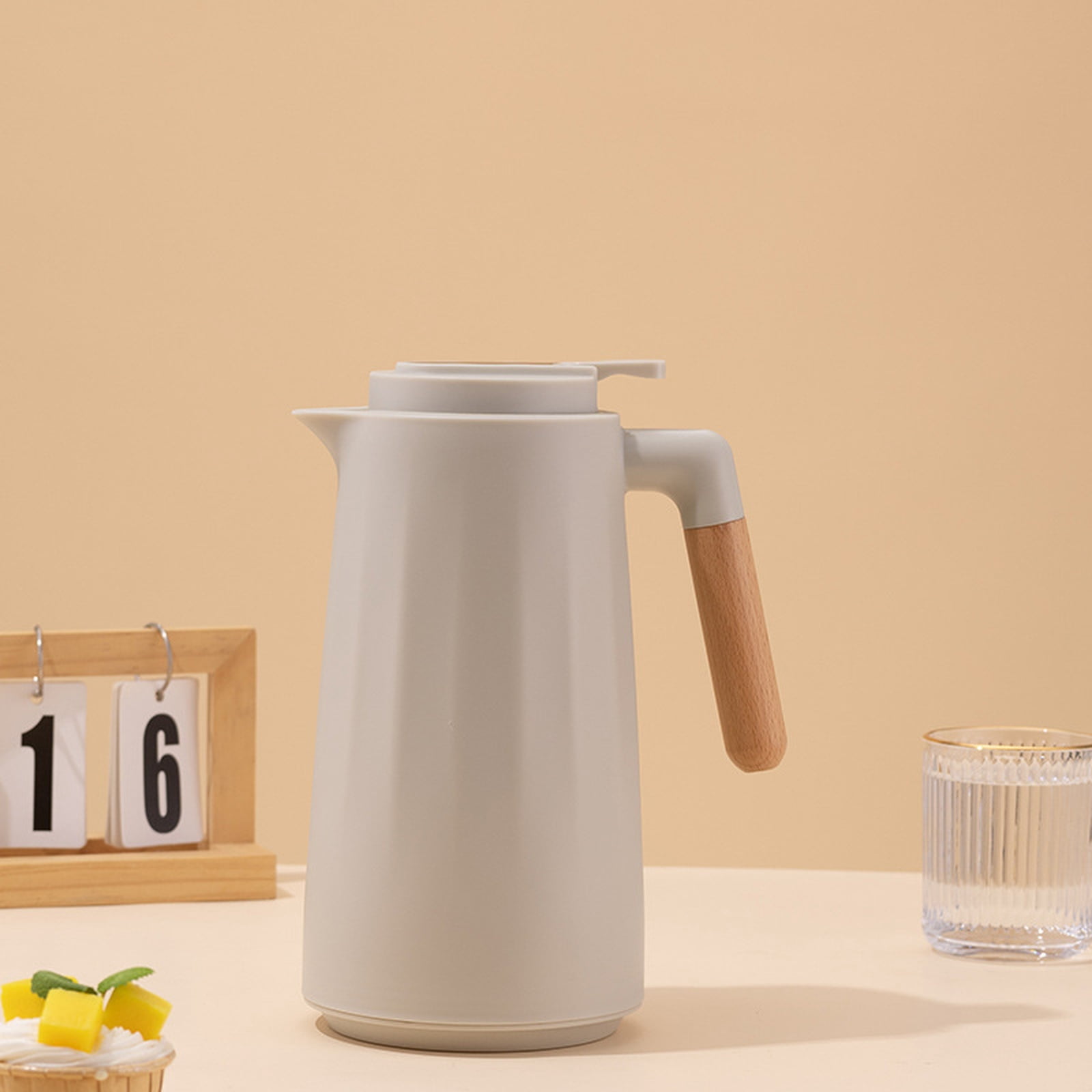 Home Use Glass Lined Insulated Coffee Carafe With Wooden Handle, Large Capacity Thermal Pitcher For Office Kitchen Hot Water,Khaki