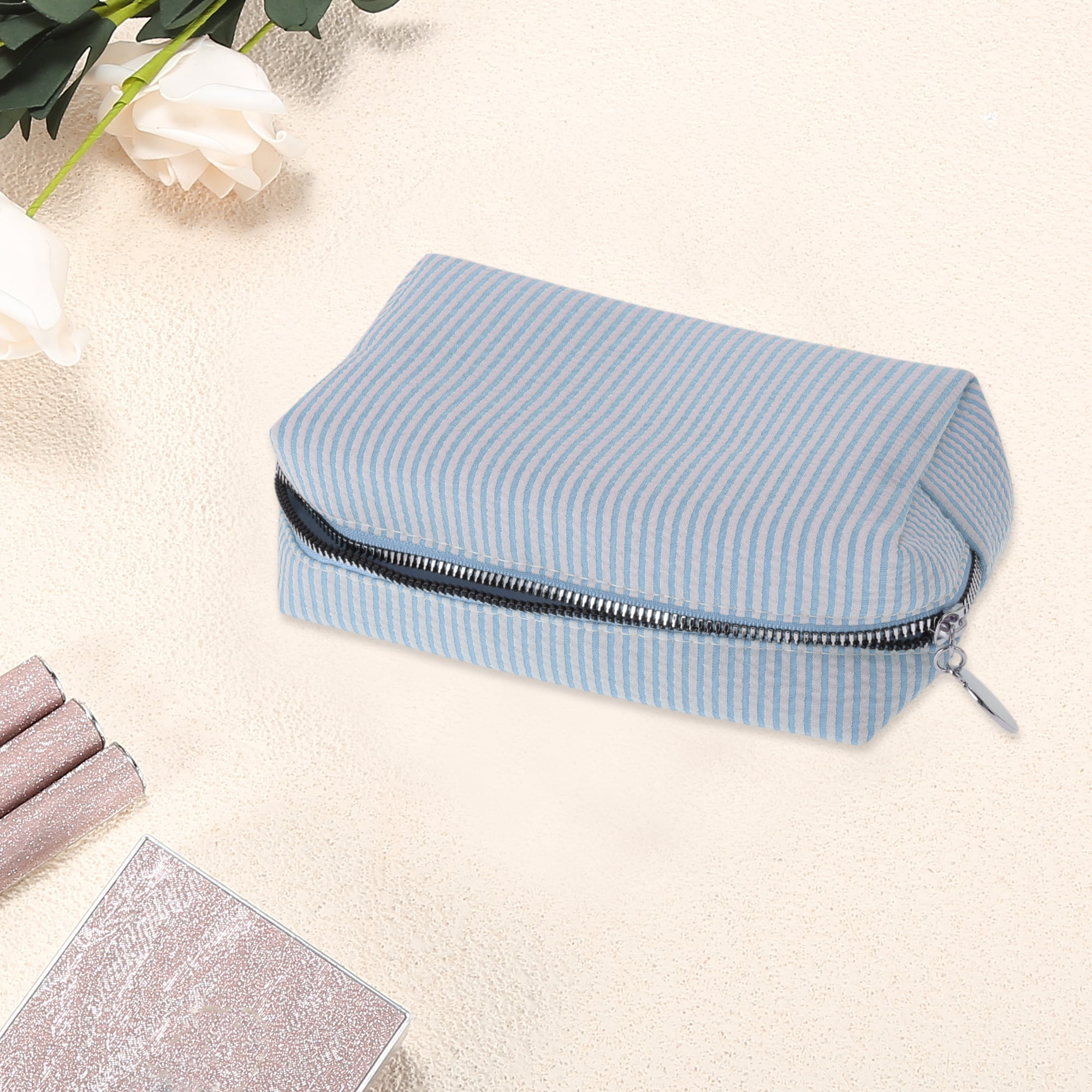 Unique Bargains 1 Pc Striped Pattern Makeup Bag with Smooth Drawstring Design Light Blue