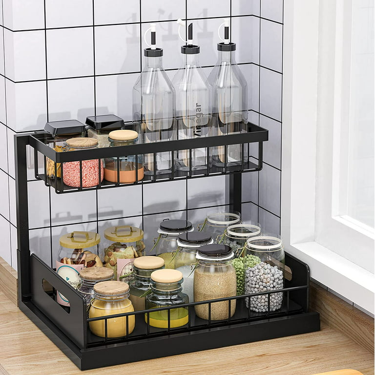 Metal Under Sink Kitchen Organizer with Cups and Hooks, 2 Tier L Shaped  Rack Pull Out Under Sink Storage with Sliding Drawer, Multifunction Cabinet