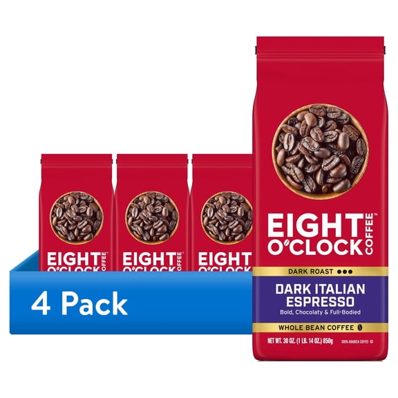 (4 pack) Eight O'Clock Dark Italian Espresso, Dark Roast, Whole Bean Coffee 30oz