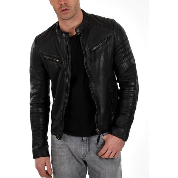 Men's Genuine Lambskin Leather Jacket Slim fit Motorcycle jacket A058