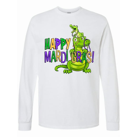Inktastic Happy Mardi Gras Big and Little Alligators with Beads Long Sleeve T-Shirt
