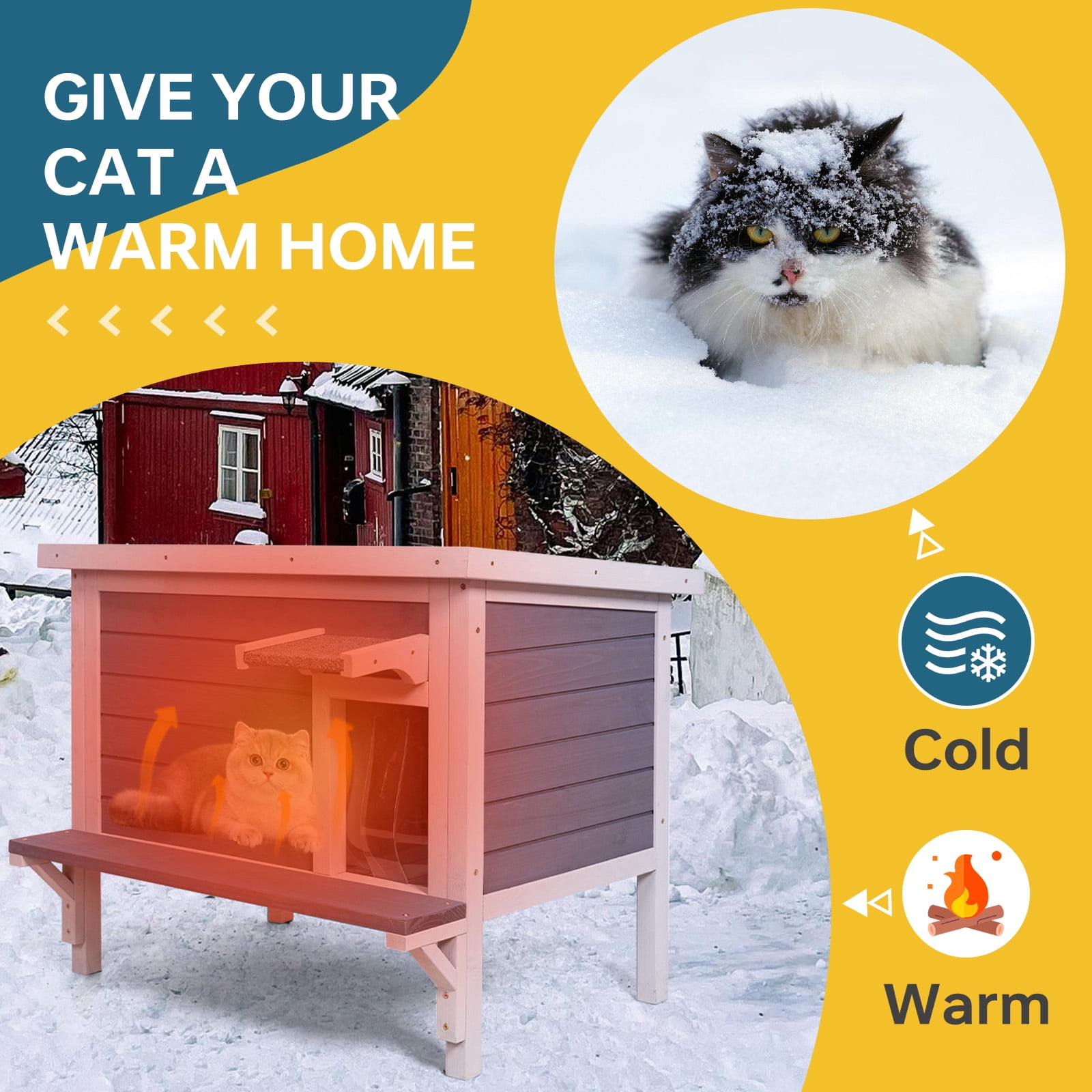 Insulated Cat House Outdoor Weatherproof, Feral Cat Shelter for Winter, Large Wooden Enclosure