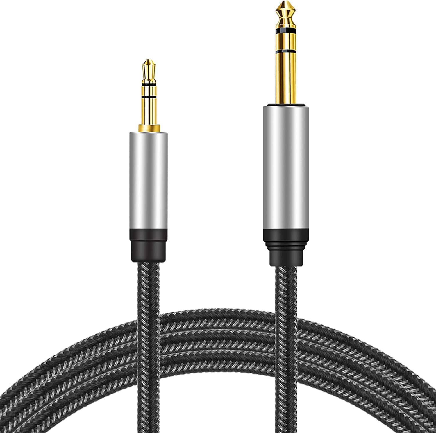 3.5 mm to 6.35 Audio Cable 10Ft, Gold-Plated Terminal Silver Color Zinc Alloy Housing 3.5mm 1/8" Male TRS 6.35mm 1/4" Nylon Braided Stereo for CellPhone, Amplifiers(10Ft/3M)
