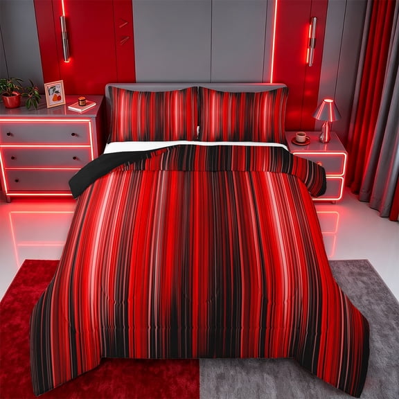 jejeloiu Red Black Gradient Stripe Texture Full Size Comforter Sets Kids,Ombre Pattern Bedding Sets,Reversible,3 Pieces